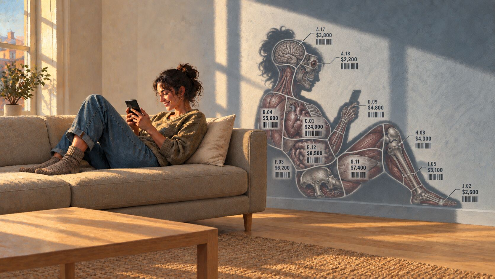 A woman looks pleasantly at her phone while her shadow is revealed as a precisely sectioned anatomical specimen, catalogued and priced as commercial inventory.