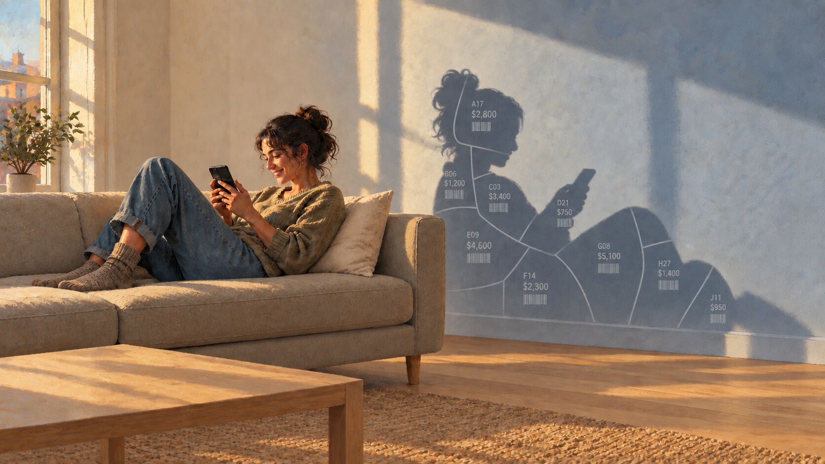 A woman looks pleasantly at her phone while her shadow is divided into sections, catalogued with inventory codes, barcodes, and monetary values.