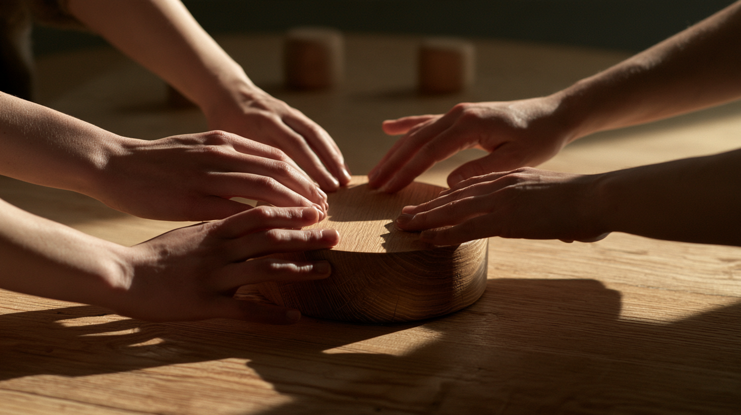 Several people's hands deliberately touch one wooden object together.