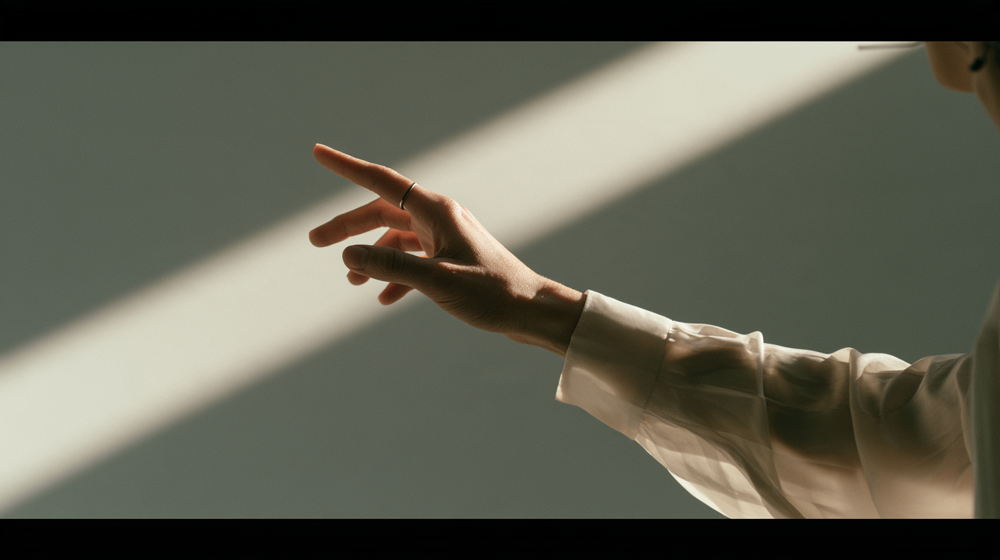 A hand points into a field of light.