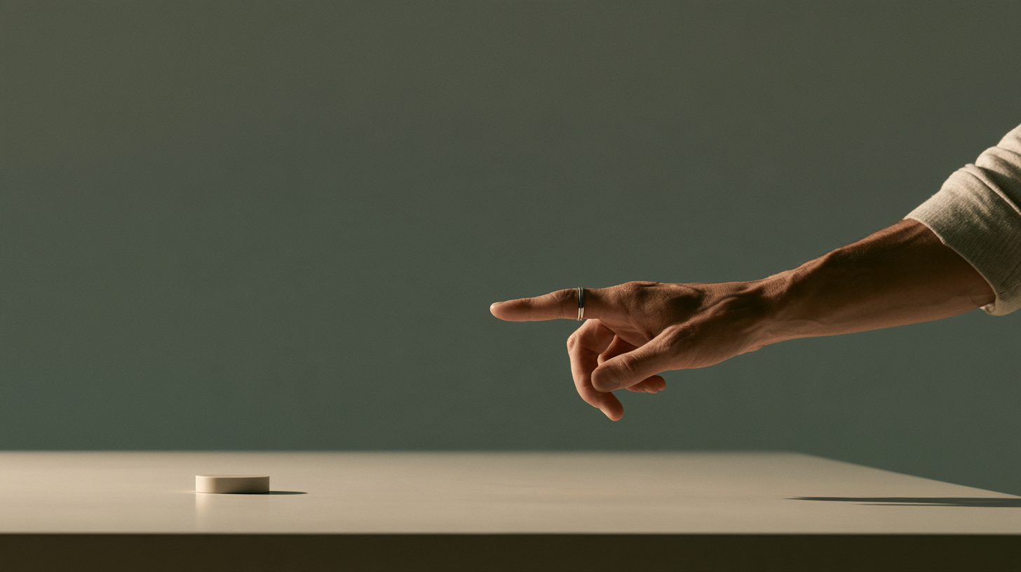 A ring-wearing hand points toward a simple physical object.
