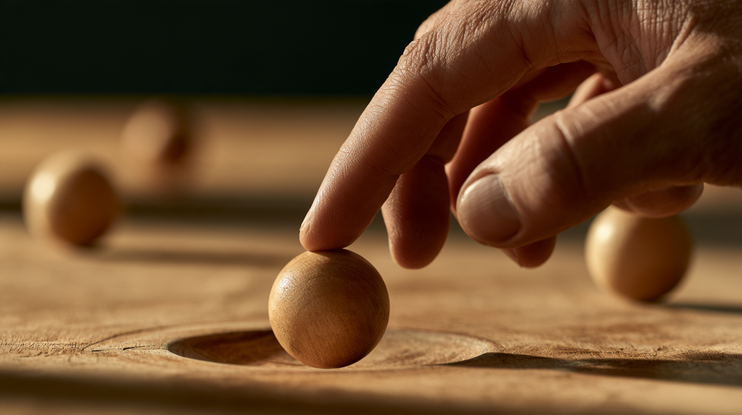 A fingertip precisely places a wooden sphere at a chosen location.