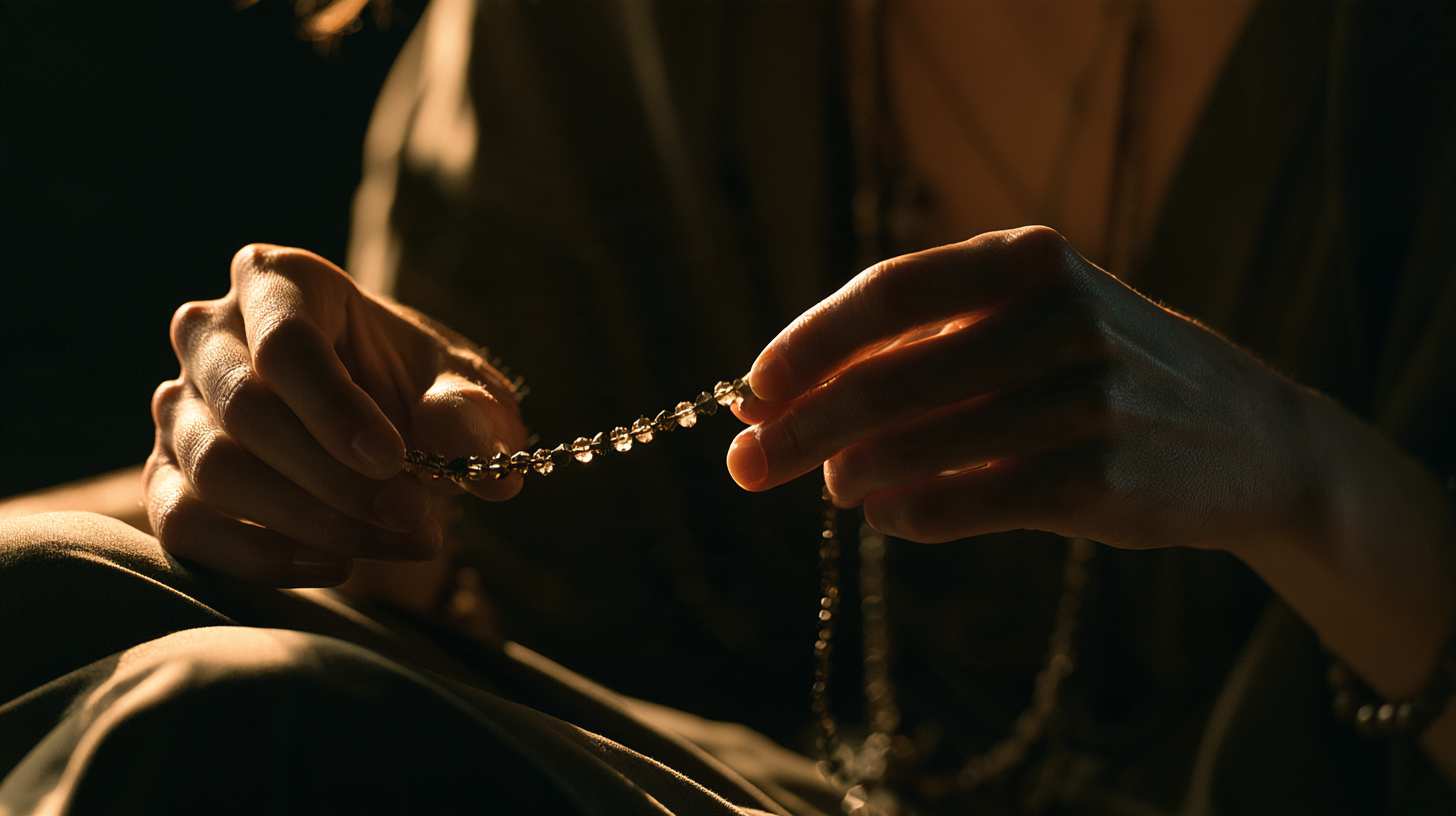 Hands manipulate a tactile strand in darkness.
