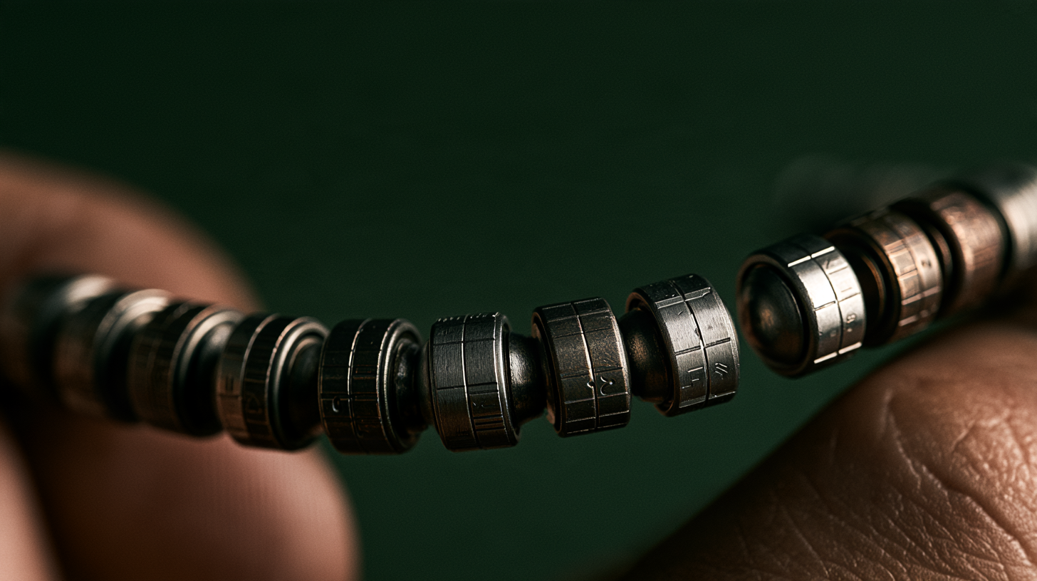 Macro view of modular machined beads with tactile markings and seams.