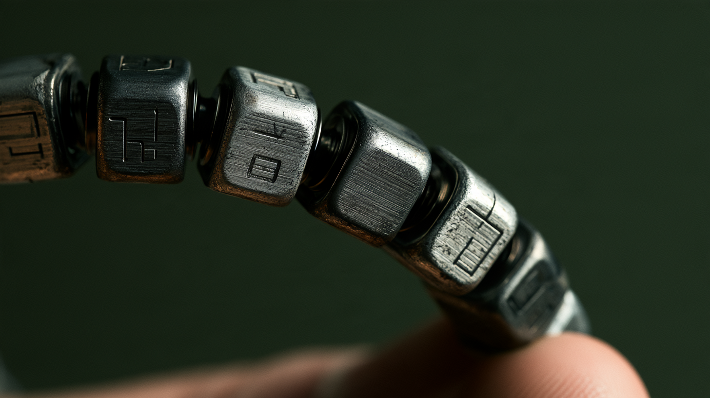 A strand of square modular metal beads suggesting orientation and discrete physical states.