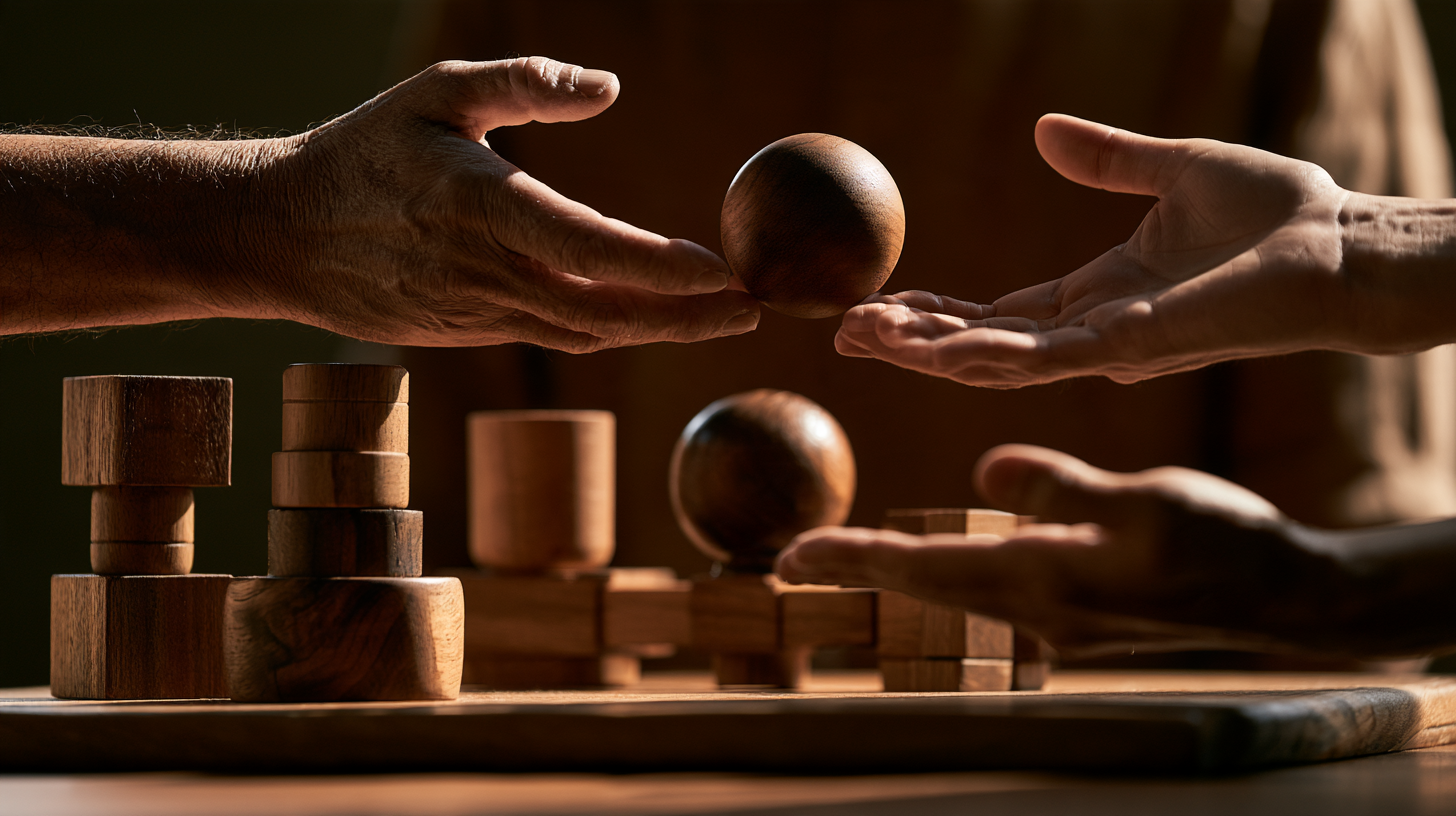 One person offers a wooden sphere to another across a shared arrangement.
