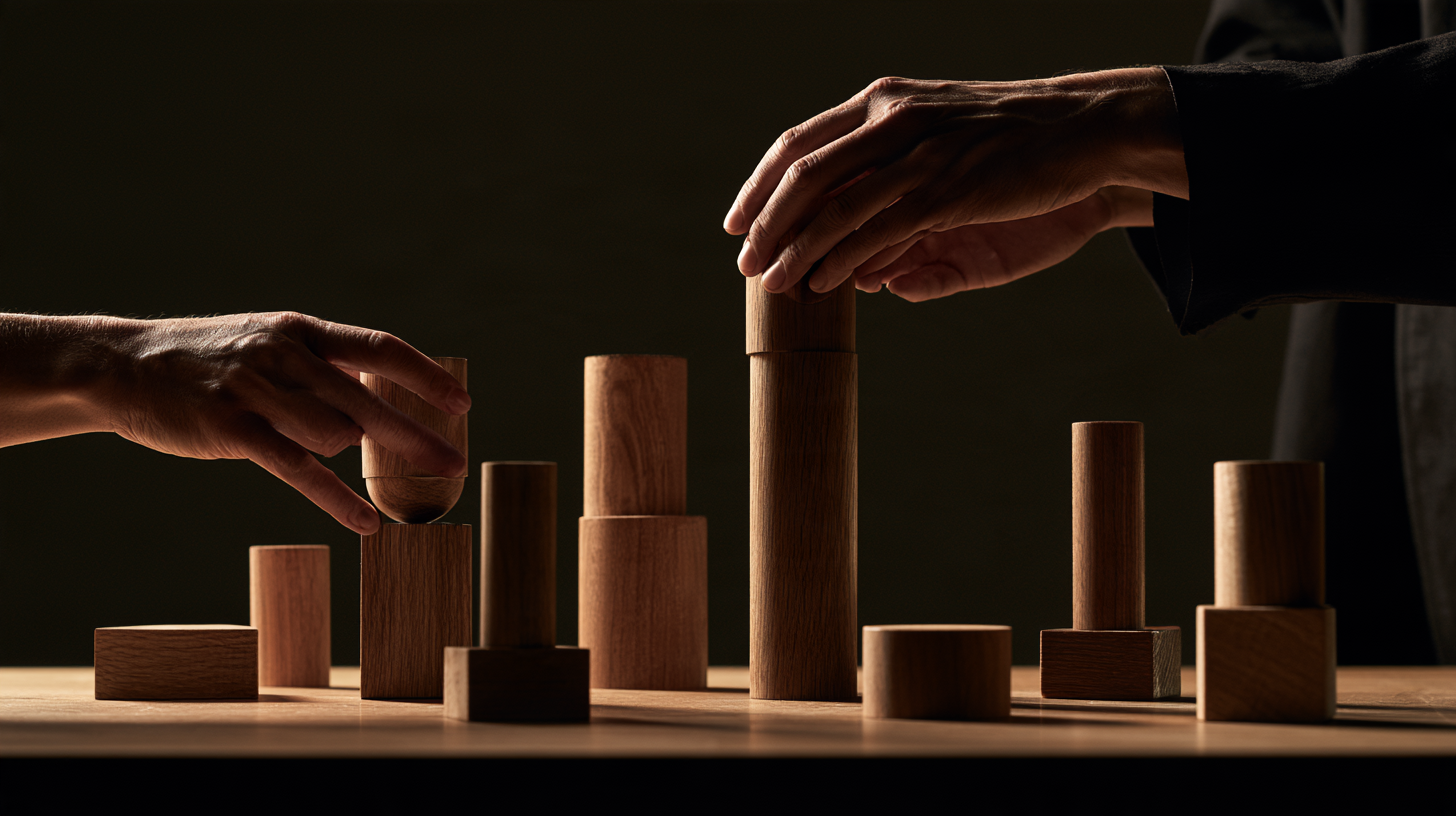 Hands arrange a shared field of wooden objects.
