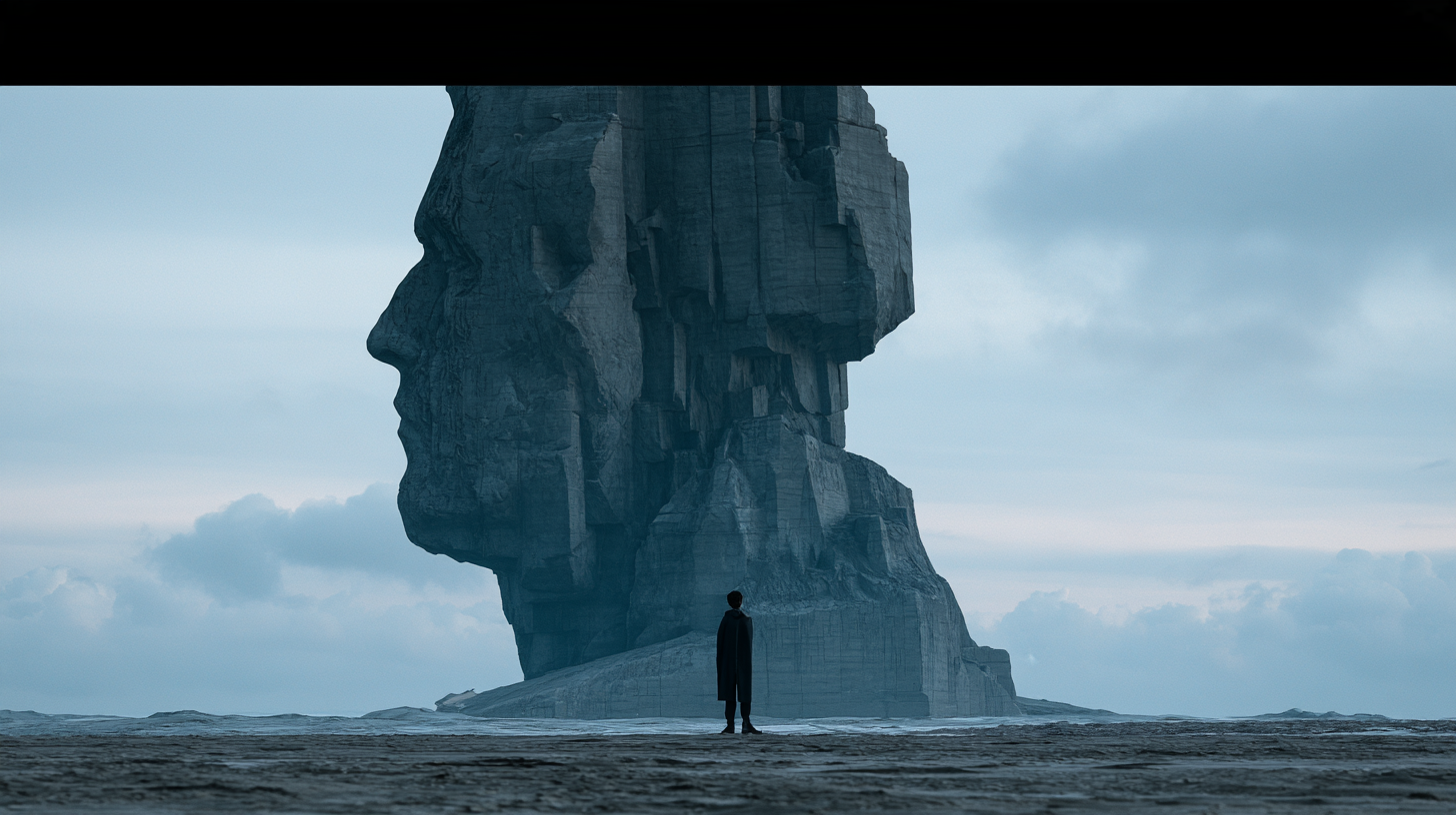 A person stands before a monumental physical object as if asking it a question.