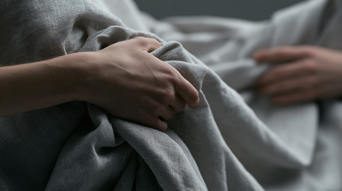 Hands gathering soft grey fabric.