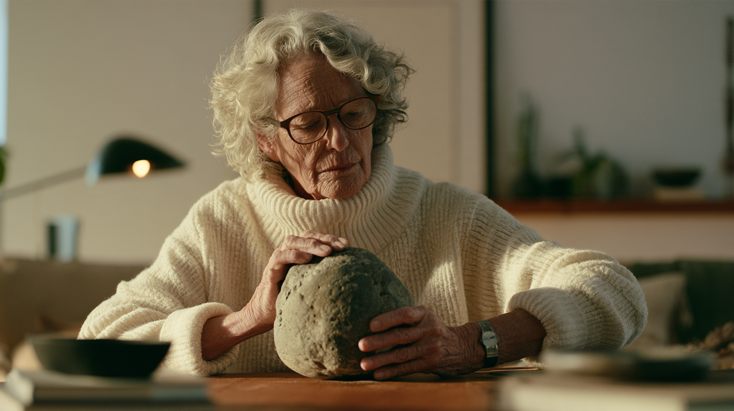 An older person holds a simple stone object with quiet deliberation.