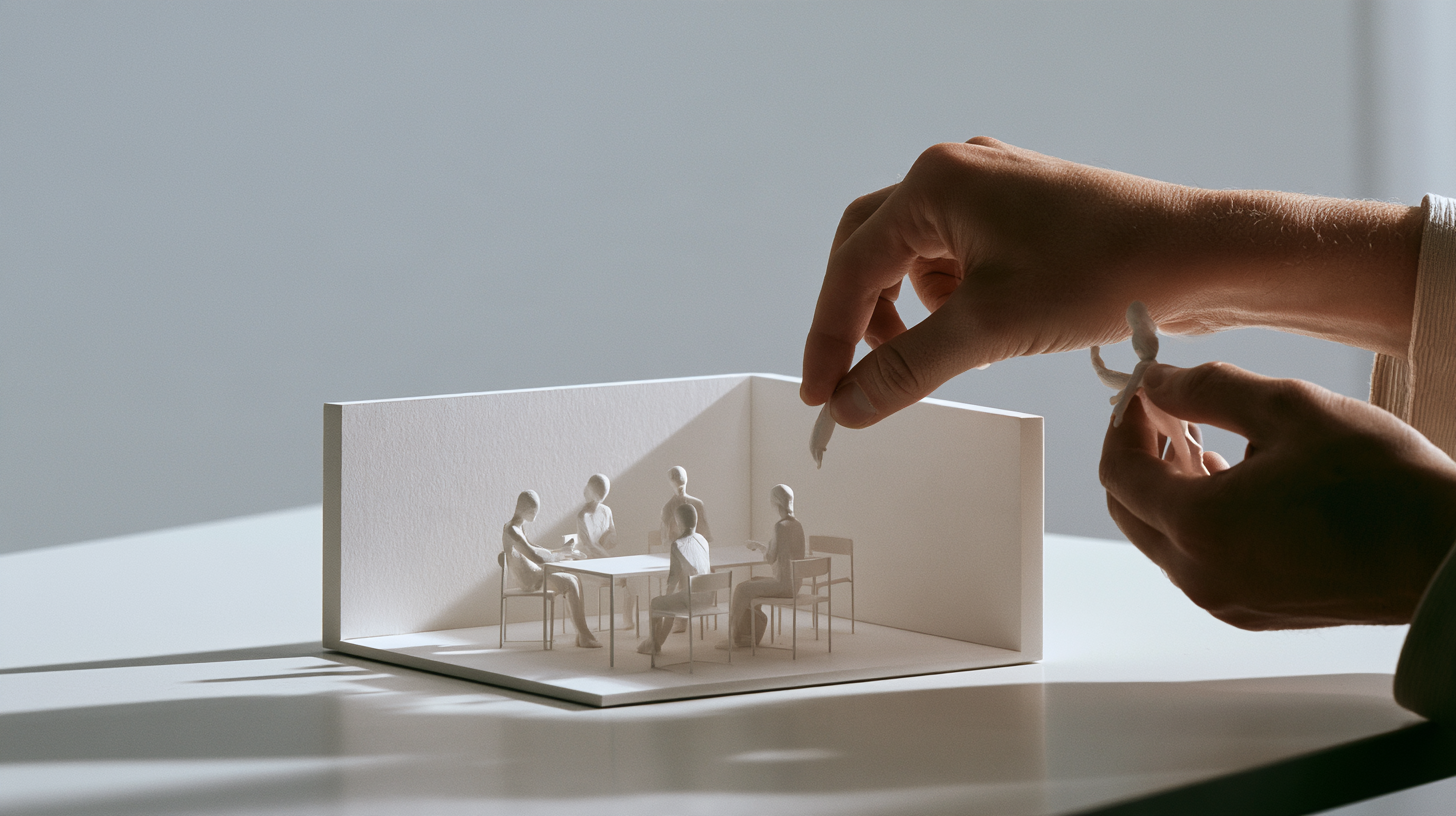 A hand changes the composition of people inside a small architectural room model.