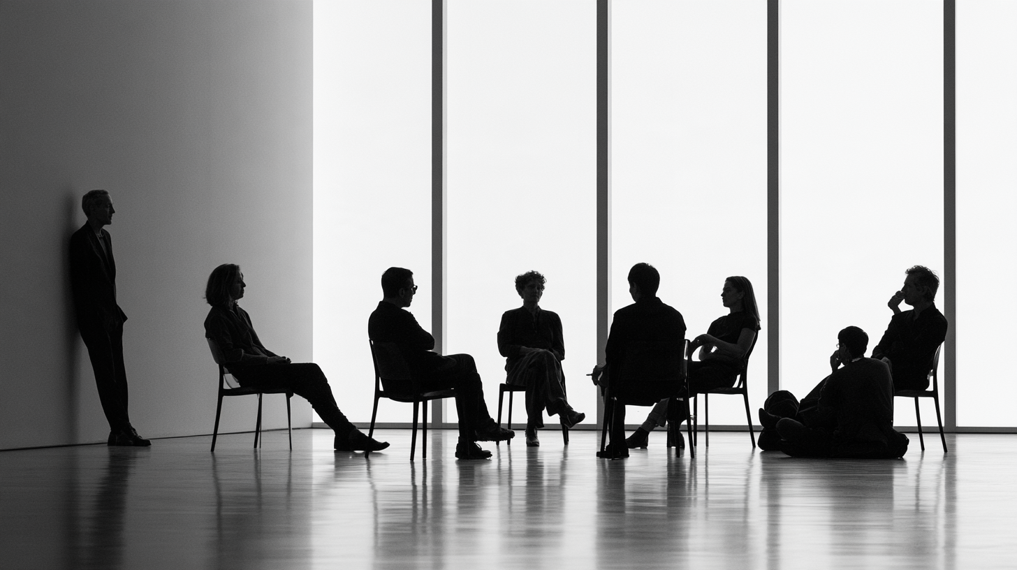 A small salon gathered in a vast white room.