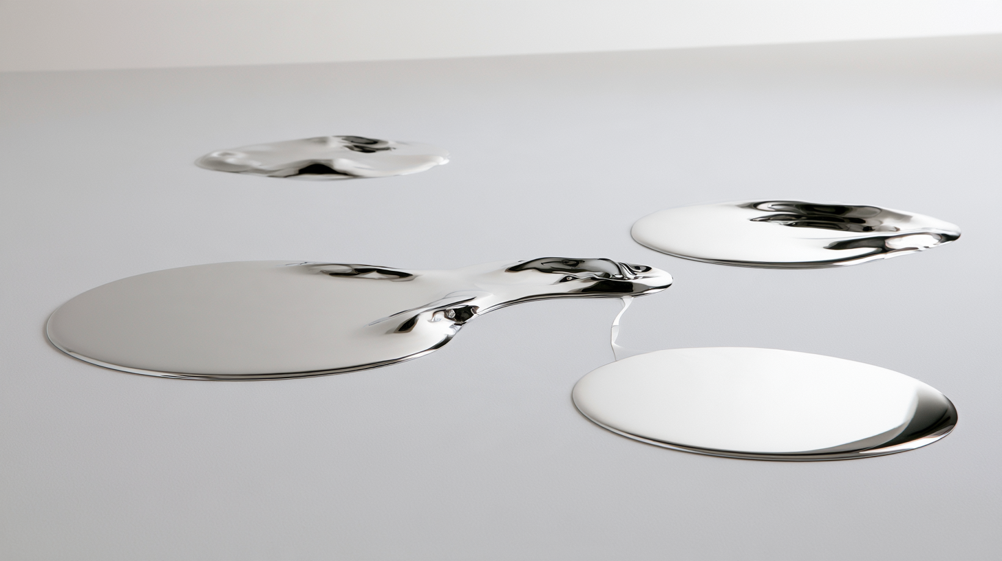 A finite set of reflective pools on a white working surface.