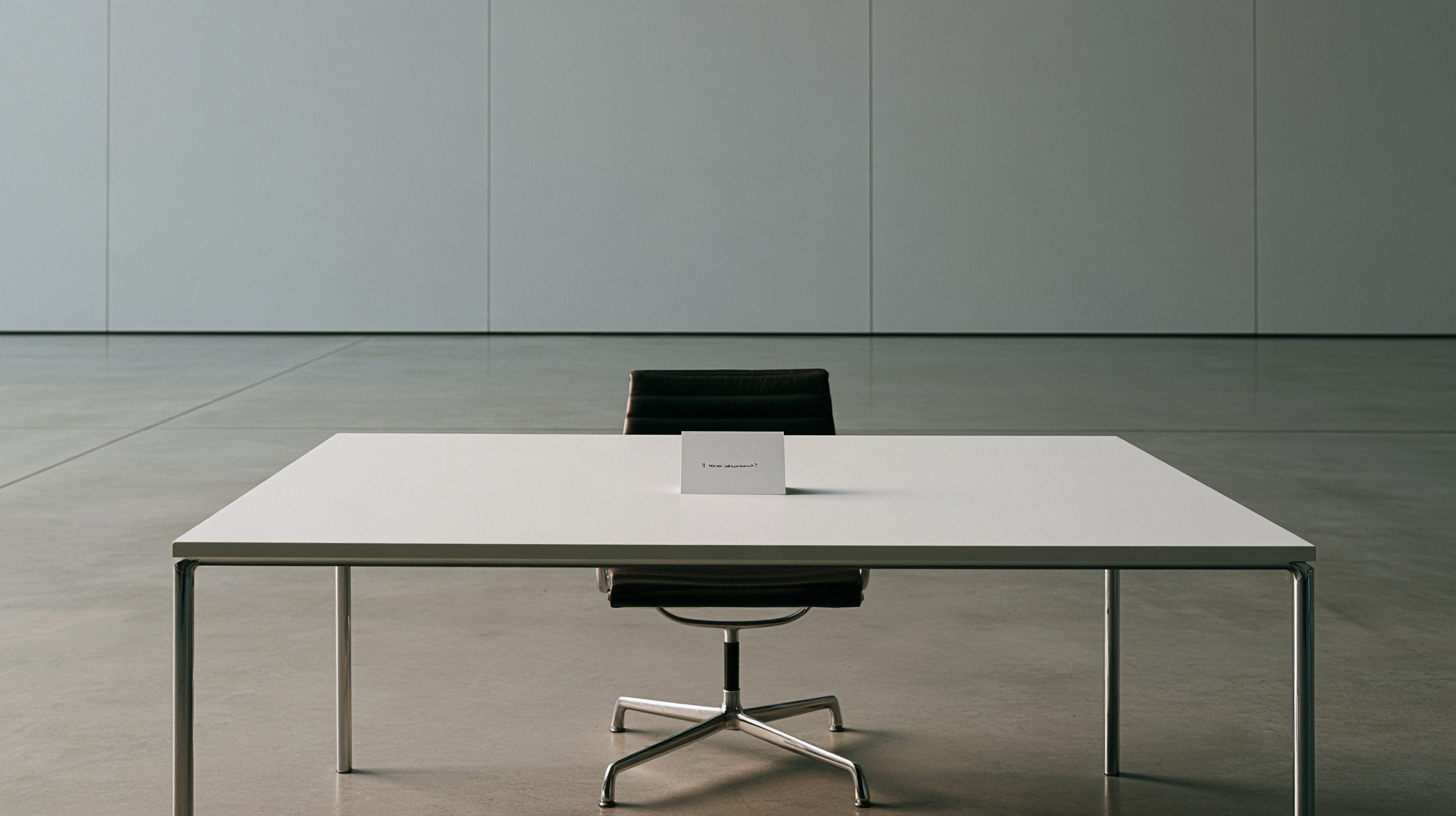 An empty chair and a question wait across a plain table.