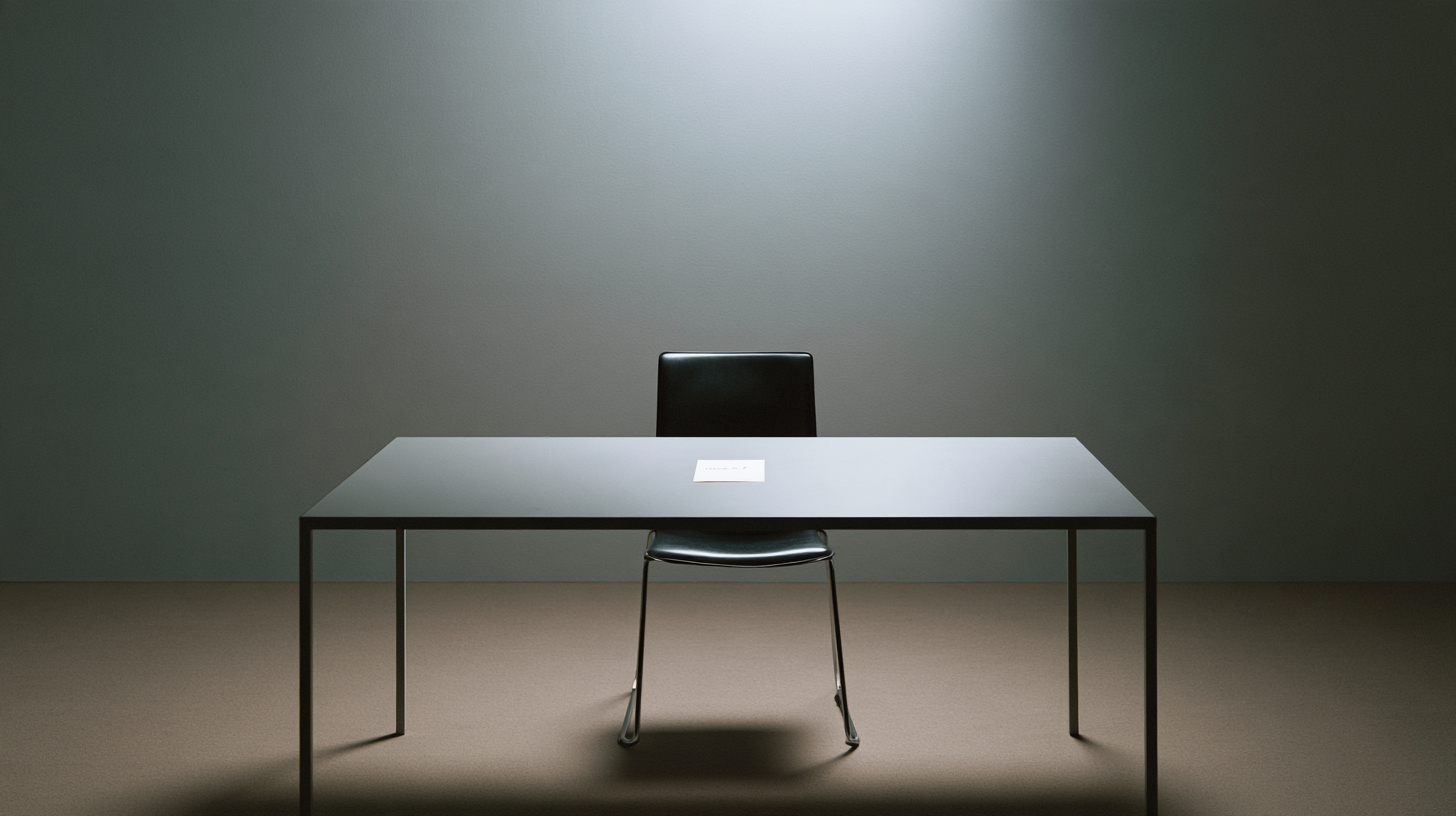 A closer view of the empty chair and the question waiting on the table.