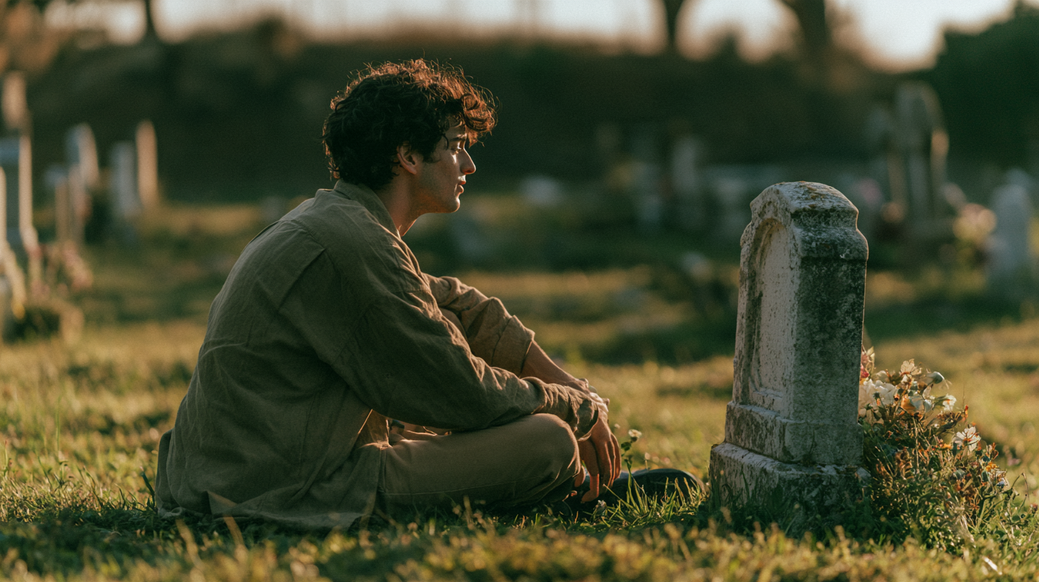 A person sits naturally beside an old gravestone as if in conversation.