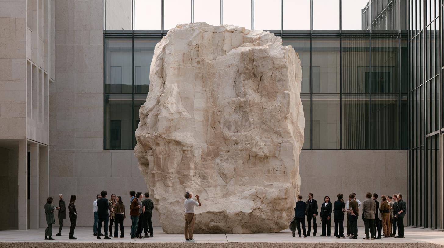 A monumental stone stands within a contemporary institutional courtyard.