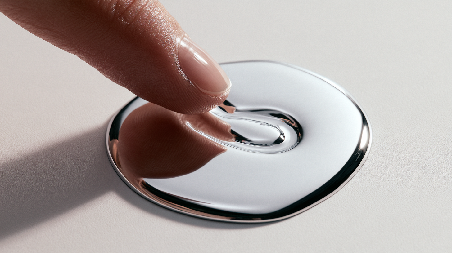 A fingertip leaves a temporary trace through a smooth reflective material.