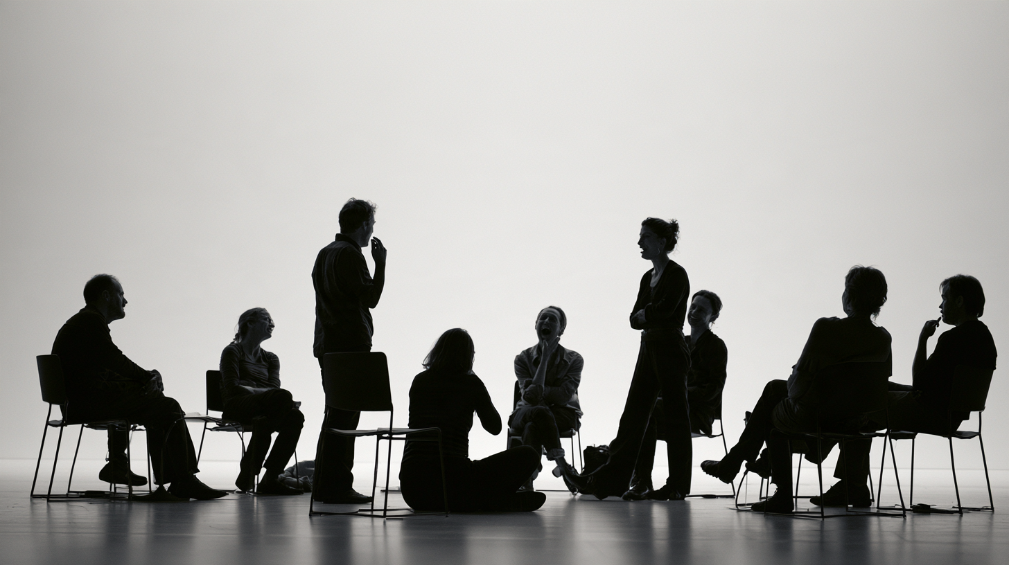 A persistent salon gathering continues in a quiet white room.