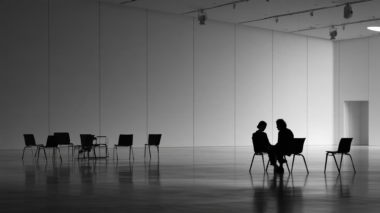 Only two people remain in a vast white salon after the larger group has gone.