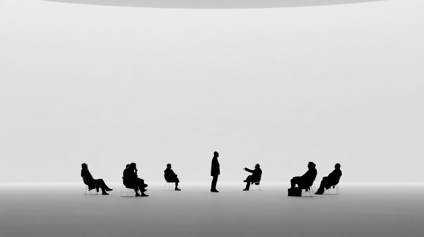 A gathering changes energy as one participant stands among the group.